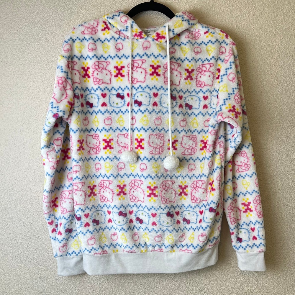 Sanrio Hello Kitty Fleece Kawaii Fair Isle Winter Hoodie Plush Y2K Coquette XS